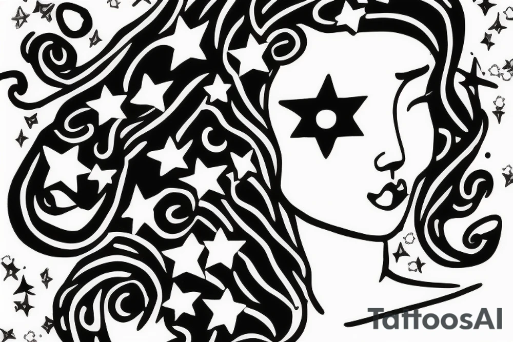 Simple outline lady head with white stars for eyes tattoo idea