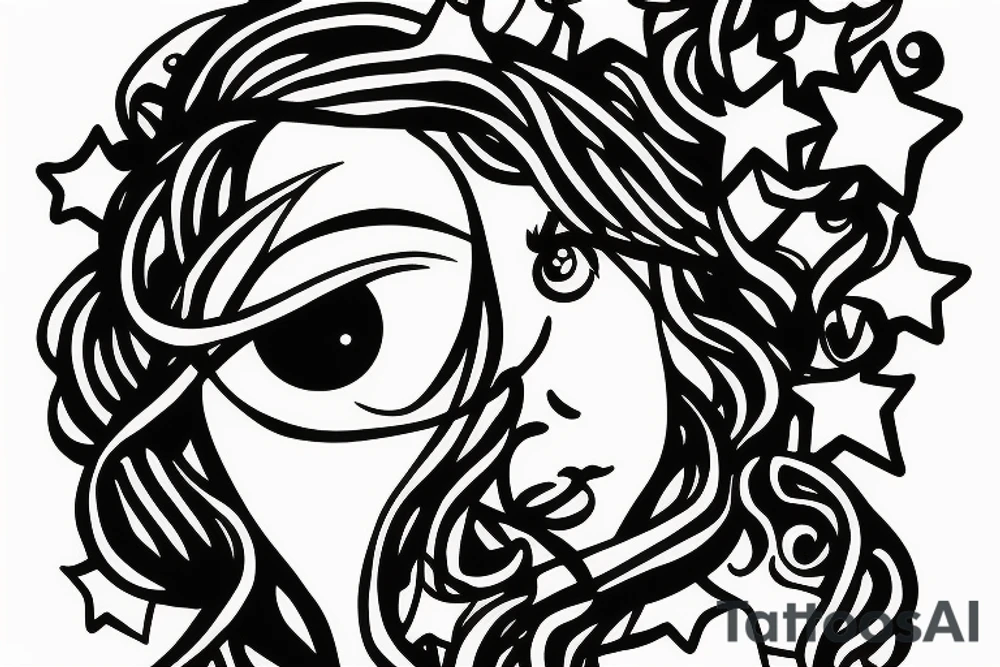 Simple outline lady head with white stars for eyes tattoo idea