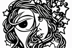 Simple outline lady head with white stars for eyes tattoo idea