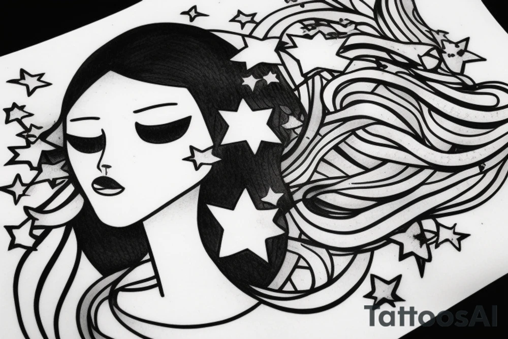 Simple outline lady head with white stars for eyes tattoo idea
