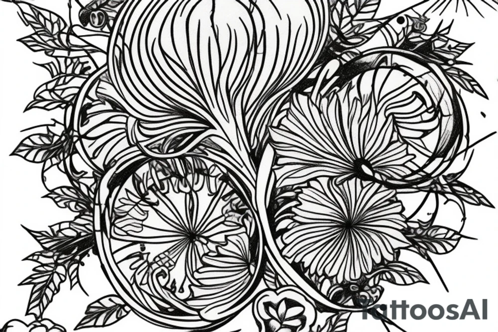 A sleeve marigold flowers and art nouveau leaves tattoo idea