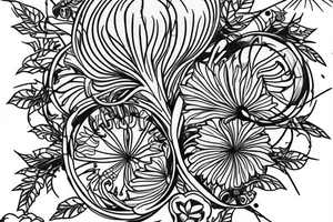 A sleeve marigold flowers and art nouveau leaves tattoo idea