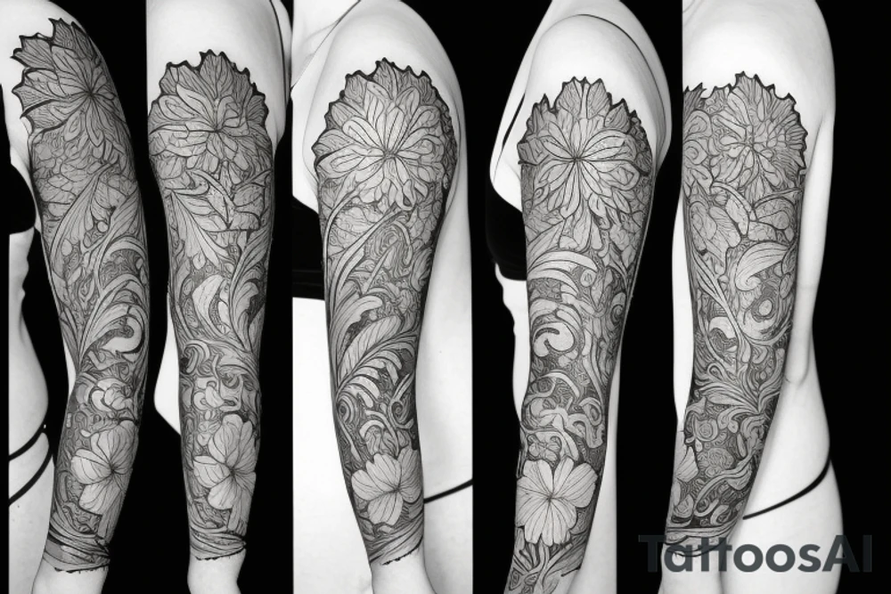 A sleeve marigold flowers and art nouveau leaves tattoo idea