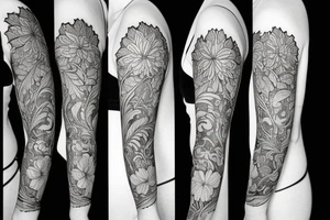 A sleeve marigold flowers and art nouveau leaves tattoo idea