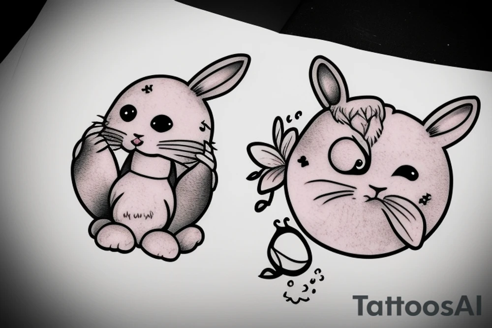 Fluffy bunny with glossy cutie eyes tattoo idea