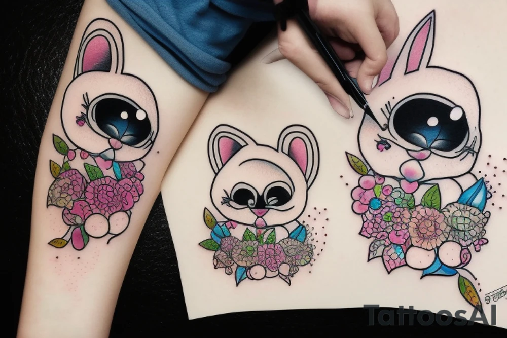 Fluffy bunny with glossy cutie eyes tattoo idea