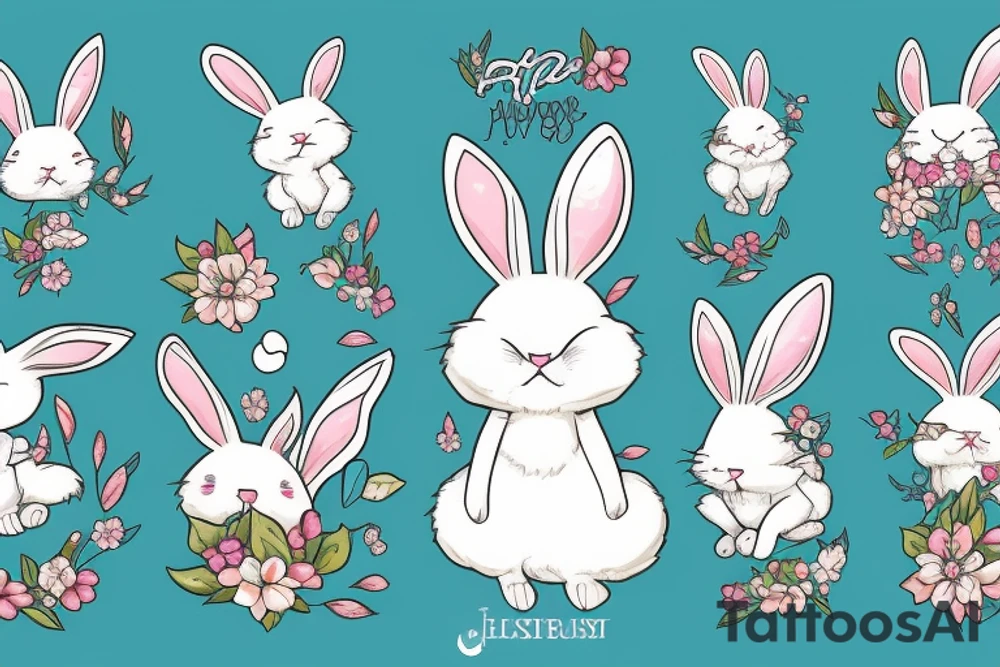 Fluffy bunny with glossy cutie eyes in bush tattoo idea