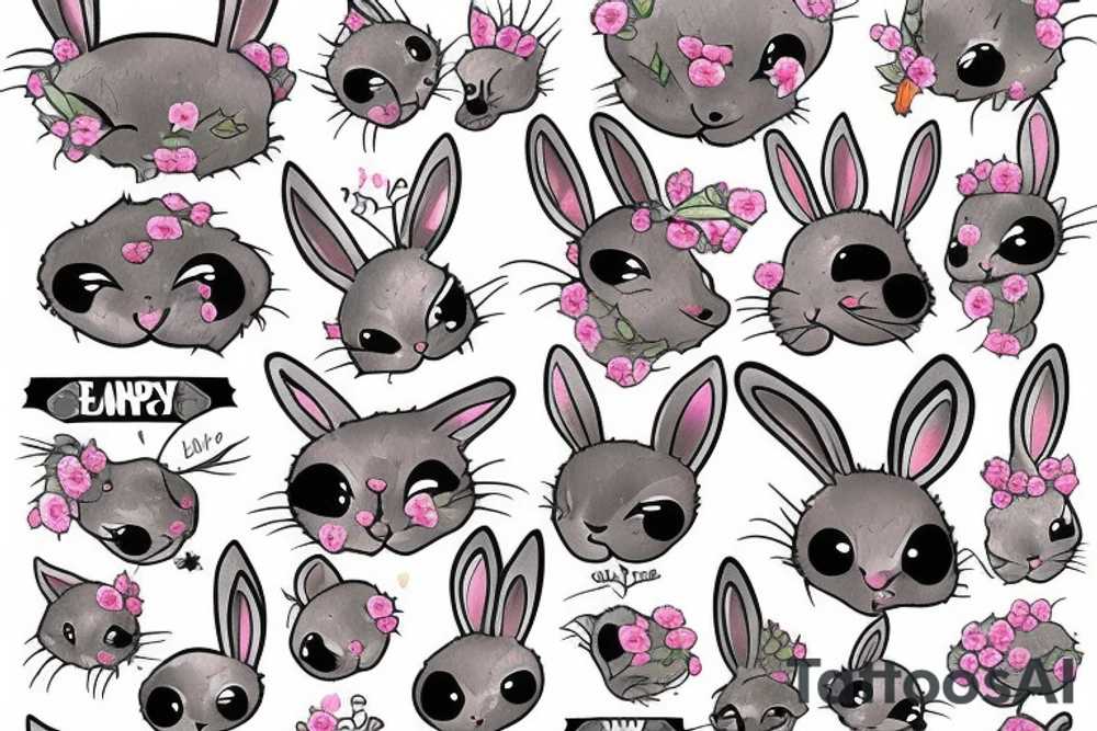 Fluffy bunny with glossy cutie eyes in bush tattoo idea