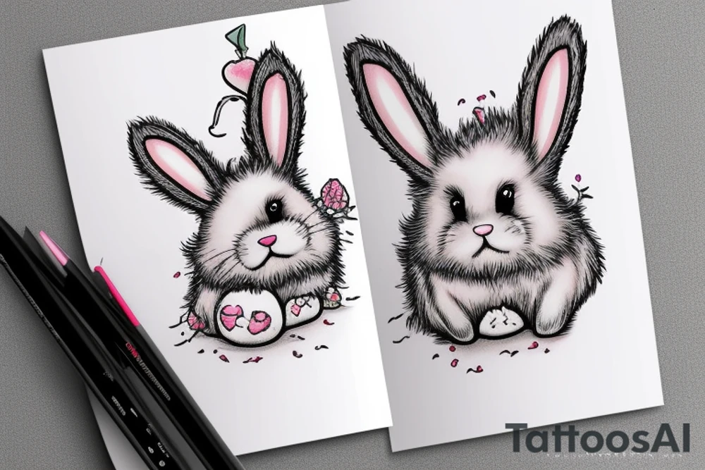 Fluffy bunny with glossy cutie eyes in bush tattoo idea