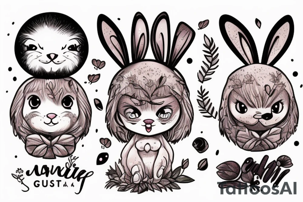 Fluffy bunny with glossy cutie eyes in bush tattoo idea