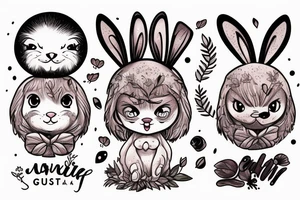 Fluffy bunny with glossy cutie eyes in bush tattoo idea