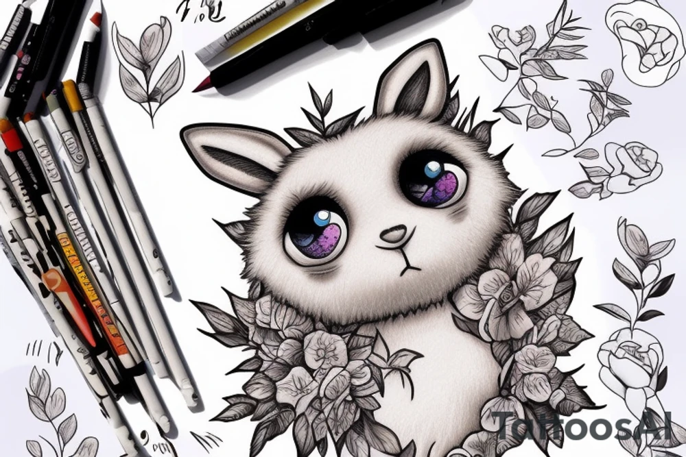 Fluffy bunny with glossy cutie eyes in bush tattoo idea