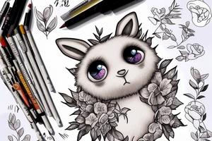 Fluffy bunny with glossy cutie eyes in bush tattoo idea