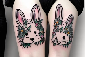 Fluffy bunny with glossy cutie eyes in bush tattoo idea