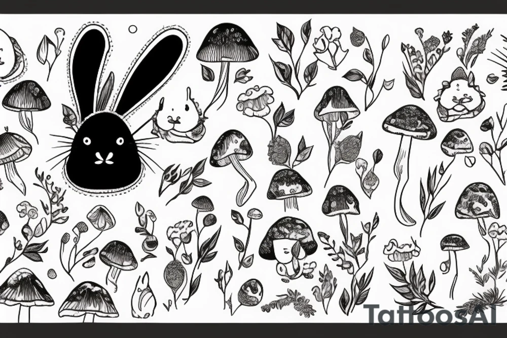 Fluffy bunny with glossy cutie eyes in bush and mushrooms tattoo idea