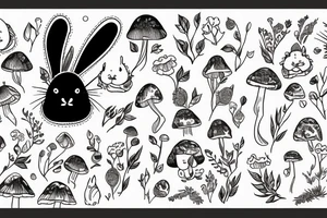 Fluffy bunny with glossy cutie eyes in bush and mushrooms tattoo idea