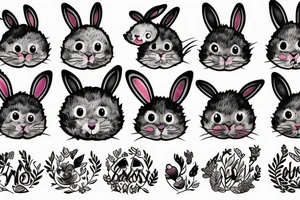 Fluffy bunny with glossy cutie eyes in bush and mushrooms tattoo idea