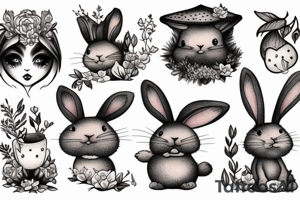 Fluffy bunny with glossy cutie eyes in bush and mushrooms tattoo idea