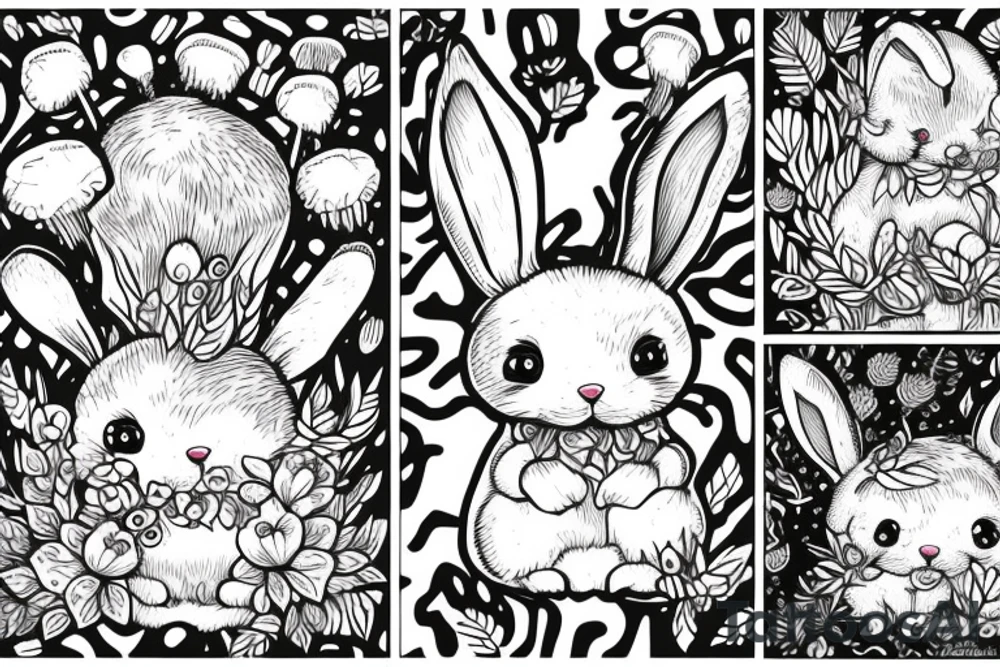 Fluffy bunny with glossy cutie eyes in bush and mushrooms tattoo idea