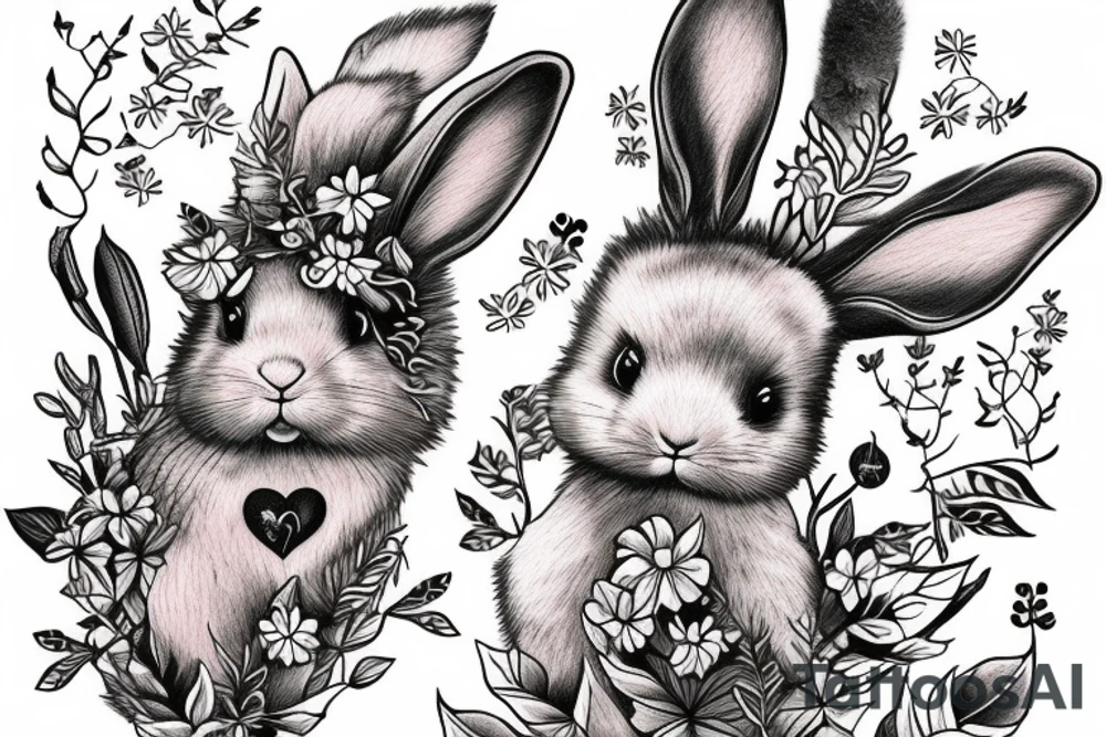 Fluffy bunny with glossy cutie eyes in bush and mushrooms tattoo idea