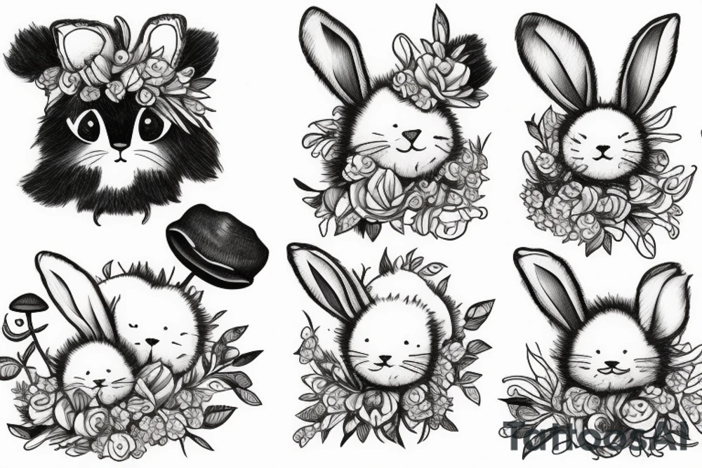 Fluffy bunny with glossy cutie eyes in bush and mushrooms tattoo idea