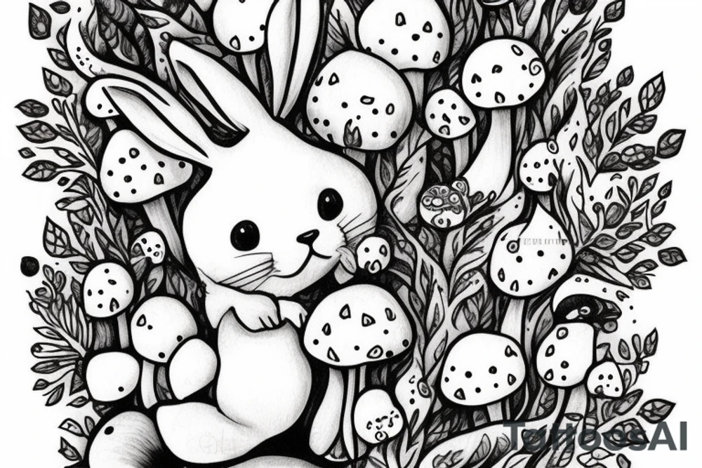 Fluffy bunny with glossy cutie eyes in bush and mushrooms tattoo idea