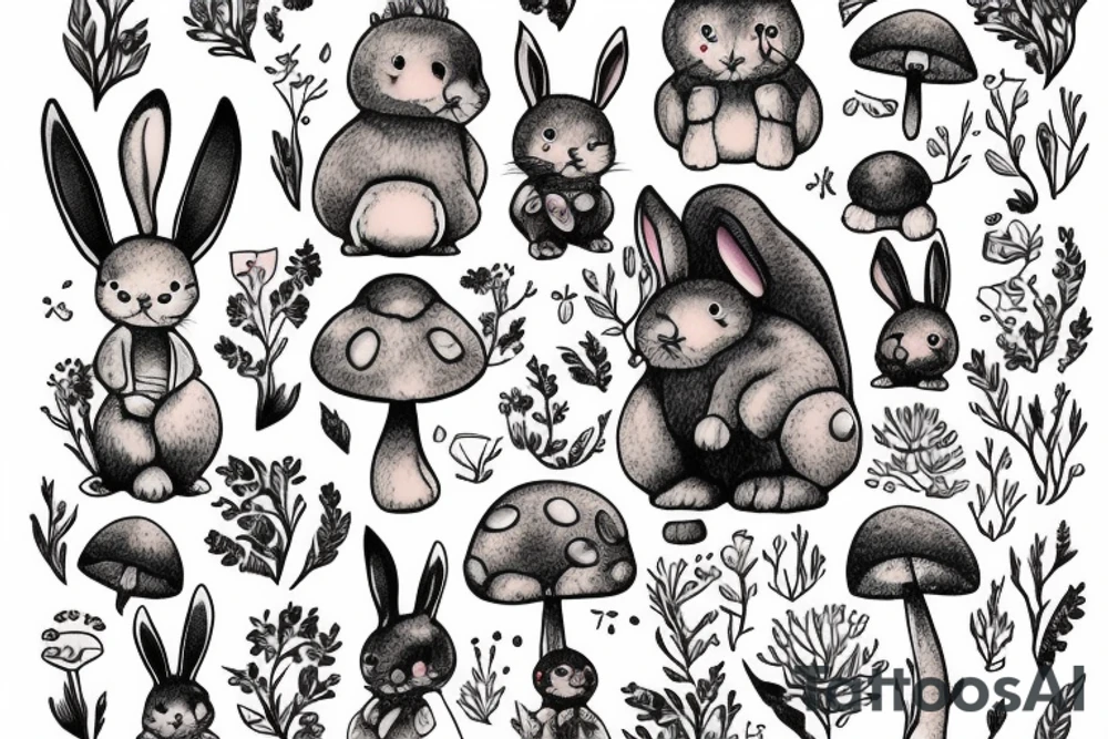 Fluffy bunny with glossy cutie eyes in bush and mushrooms tattoo idea