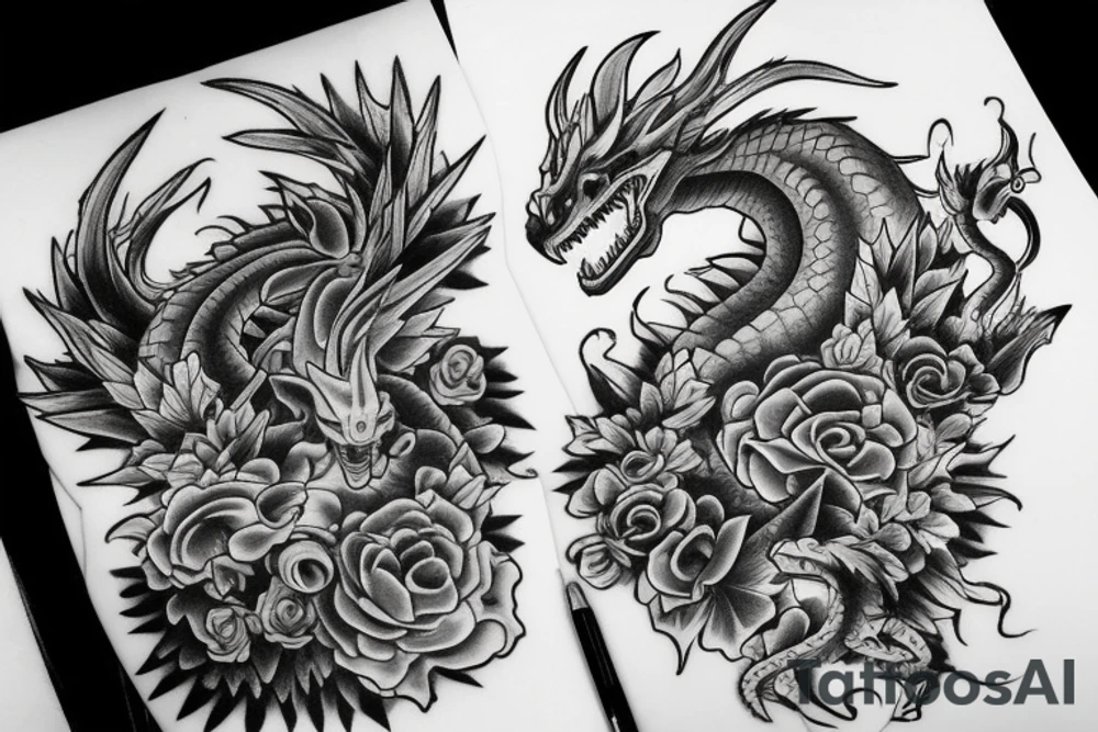 Dragón and Flowers tattoo idea
