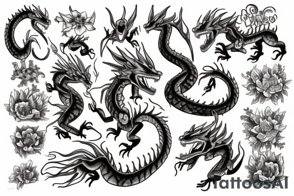 Dragón and Flowers tattoo idea
