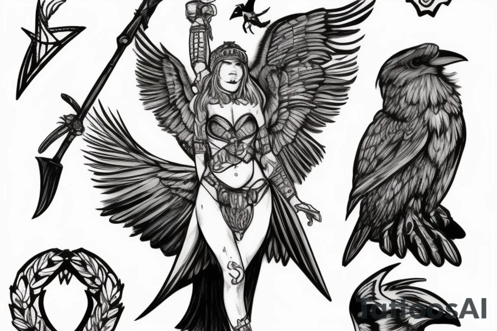 Valkyrie with a small raven on her shoulder holding a spear tattoo idea