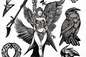 Valkyrie with a small raven on her shoulder holding a spear tattoo idea