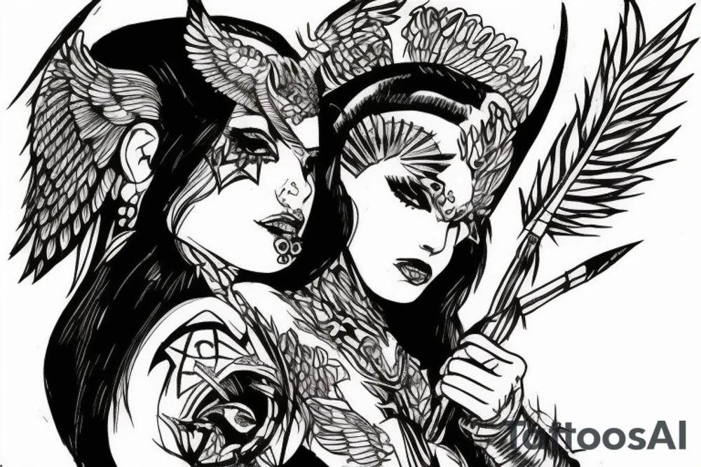 Valkyrie with a small raven on her shoulder holding a spear tattoo idea