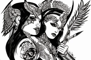 Valkyrie with a small raven on her shoulder holding a spear tattoo idea