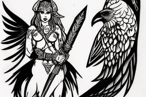 A Valkyrie with a small raven on her shoulder holding gungnir, Odins spear tattoo idea