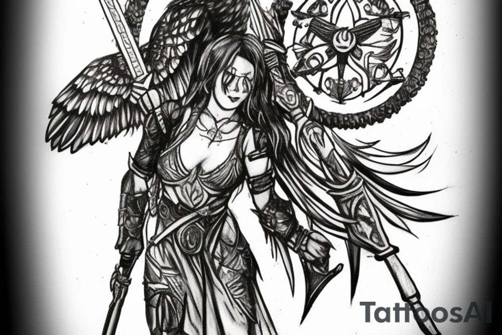 A Valkyrie with a small raven on her shoulder holding gungnir, Odins spear tattoo idea