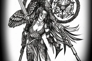 A Valkyrie with a small raven on her shoulder holding gungnir, Odins spear tattoo idea