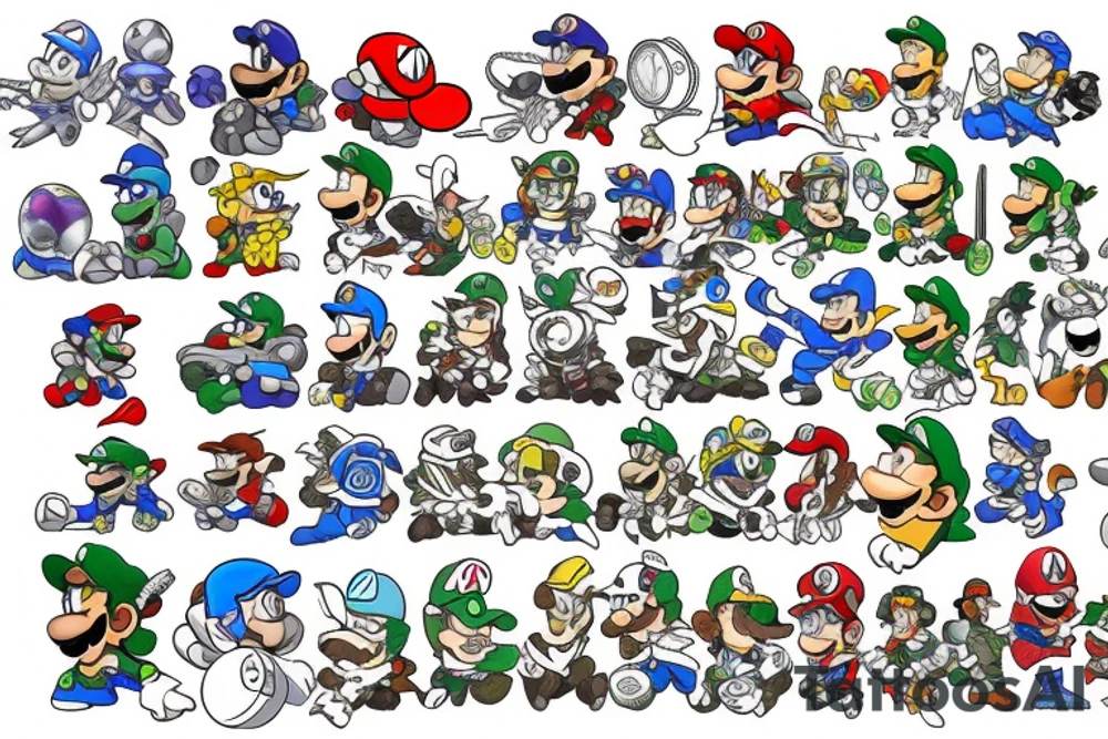 video game characters such as master chief , mario  , luigi, yoshi, samus, rainbow road, space, and maybe a drop ship tattoo idea