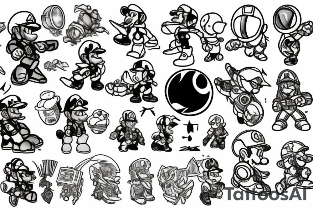 video game characters such as master chief , mario  , luigi, yoshi, samus, rainbow road, space, and maybe a drop ship tattoo idea