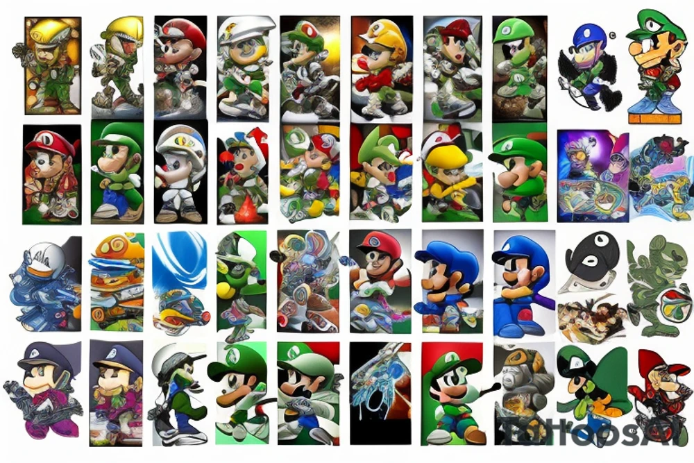 sleeve tattoo video game characters such as master chief , mario  , luigi, yoshi, samus, rainbow road, space, and maybe a drop ship tattoo idea