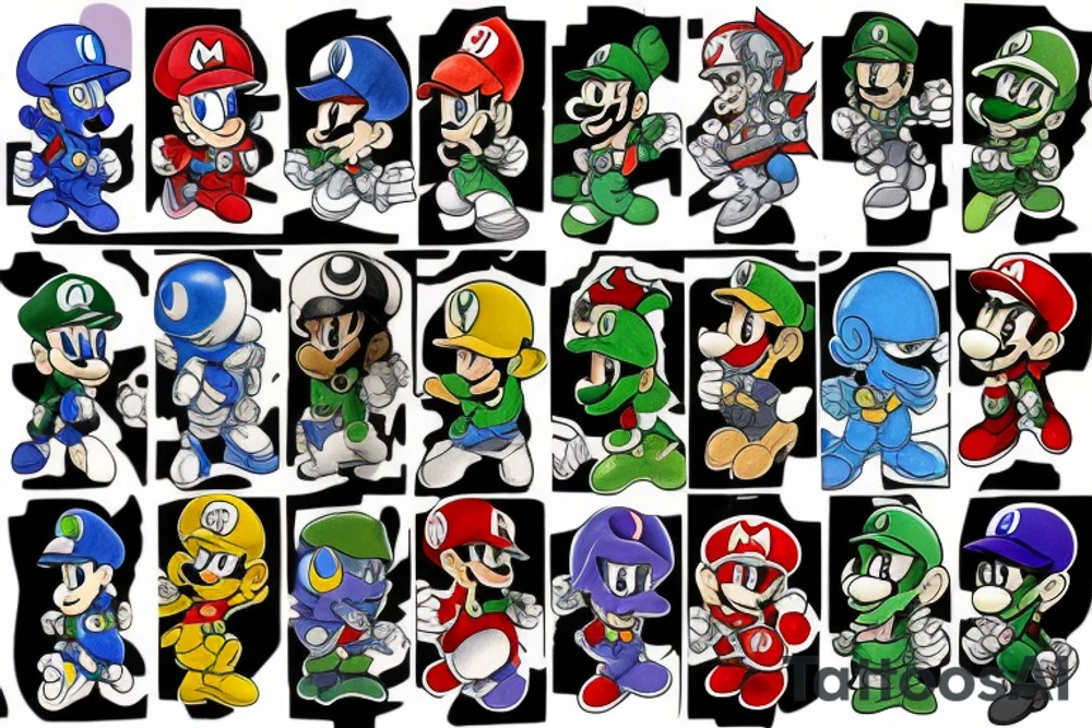 sleeve tattoo video game characters such as master chief , mario  , luigi, yoshi, samus, rainbow road, space, and maybe a drop ship tattoo idea