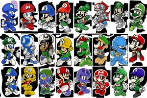 sleeve tattoo video game characters such as master chief , mario  , luigi, yoshi, samus, rainbow road, space, and maybe a drop ship tattoo idea