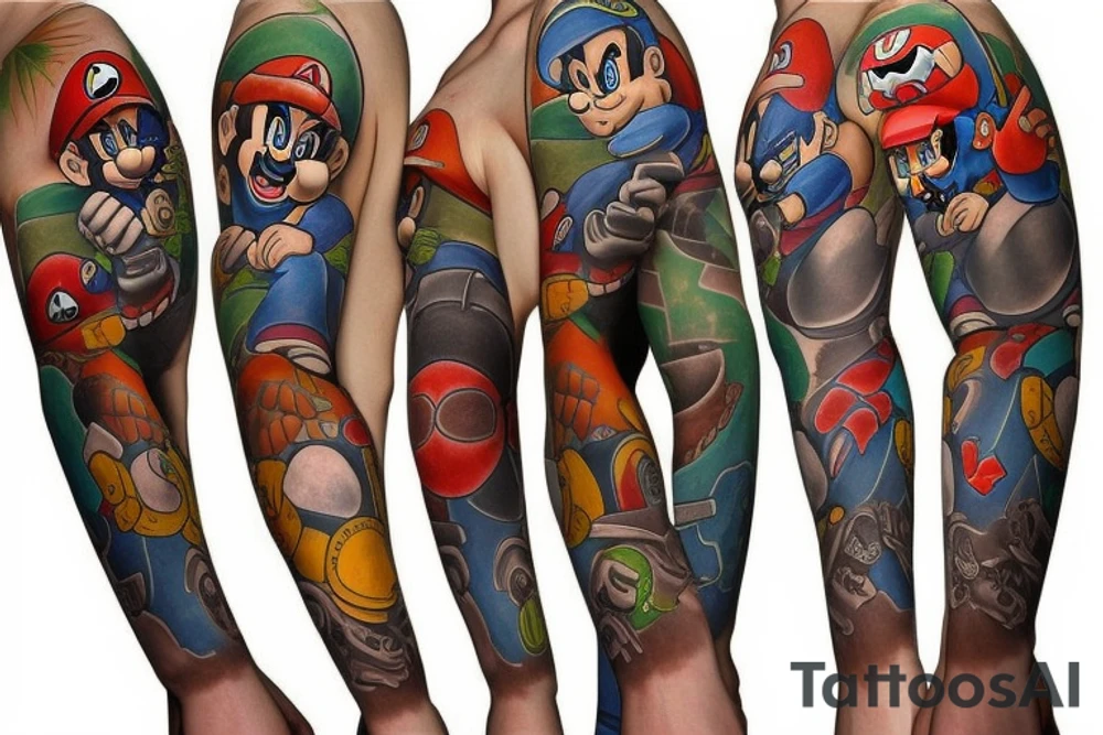 sleeve tattoo video game characters such as  mario tattoo idea
