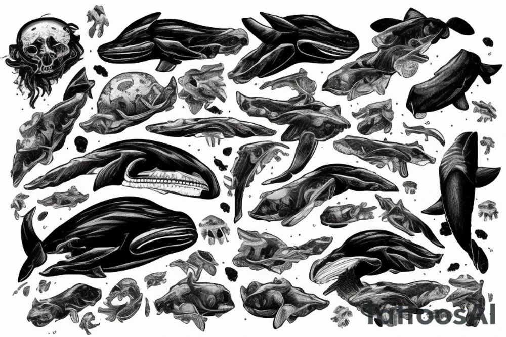 humpback whale revealing some of its skeleton floating in space with skulls and milky way tattoo idea