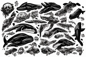 humpback whale revealing some of its skeleton floating in space with skulls and milky way tattoo idea
