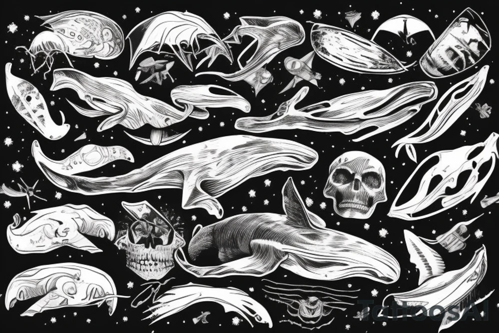 humpback whale revealing some of its skeleton floating in space with skulls and milky way tattoo idea