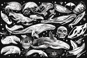 humpback whale revealing some of its skeleton floating in space with skulls and milky way tattoo idea