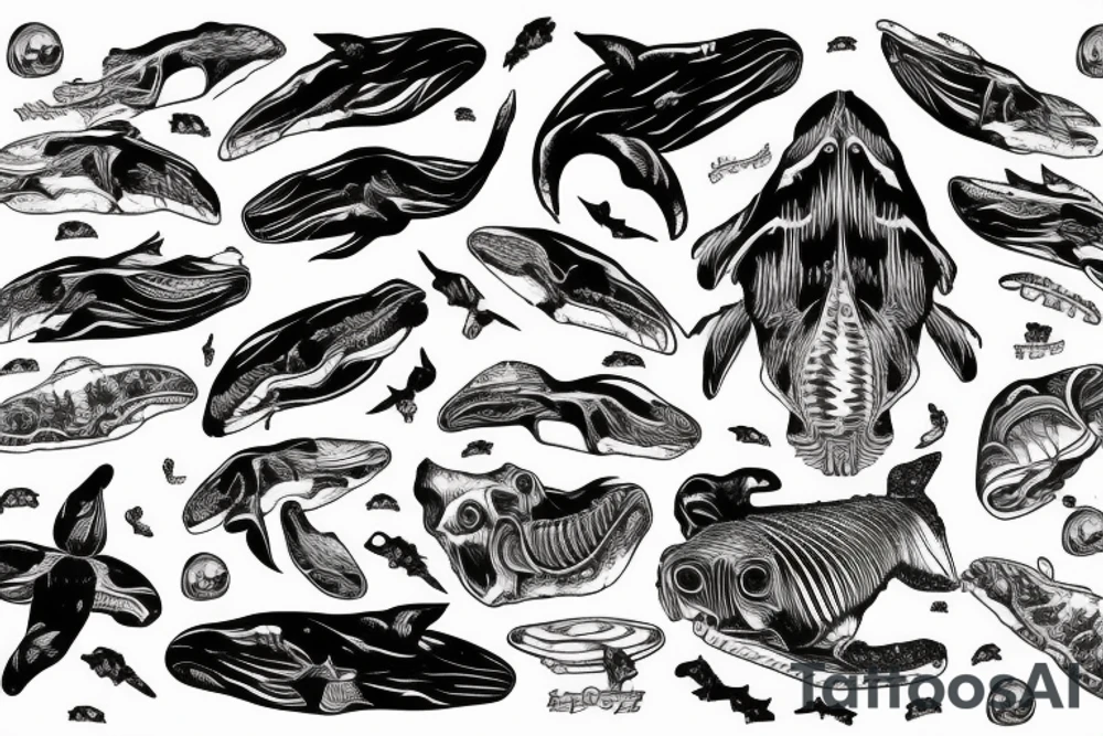 humpback whale revealing some of its skeleton floating in space with skulls and milky way tattoo idea