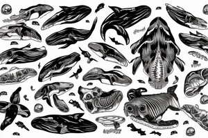 humpback whale revealing some of its skeleton floating in space with skulls and milky way tattoo idea