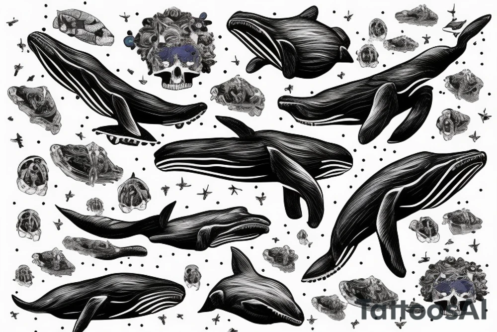 humpback whale revealing some of its skeleton floating in space with skulls and milky way tattoo idea