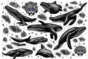humpback whale revealing some of its skeleton floating in space with skulls and milky way tattoo idea